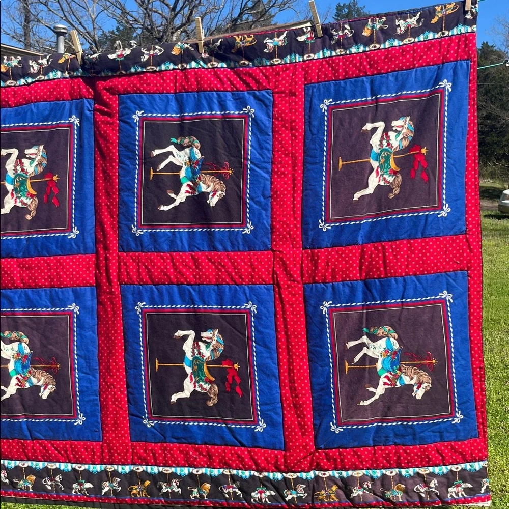 Vintage Carousel Animal Horse Print Quilt Homemade Small Throw Lap Blanket